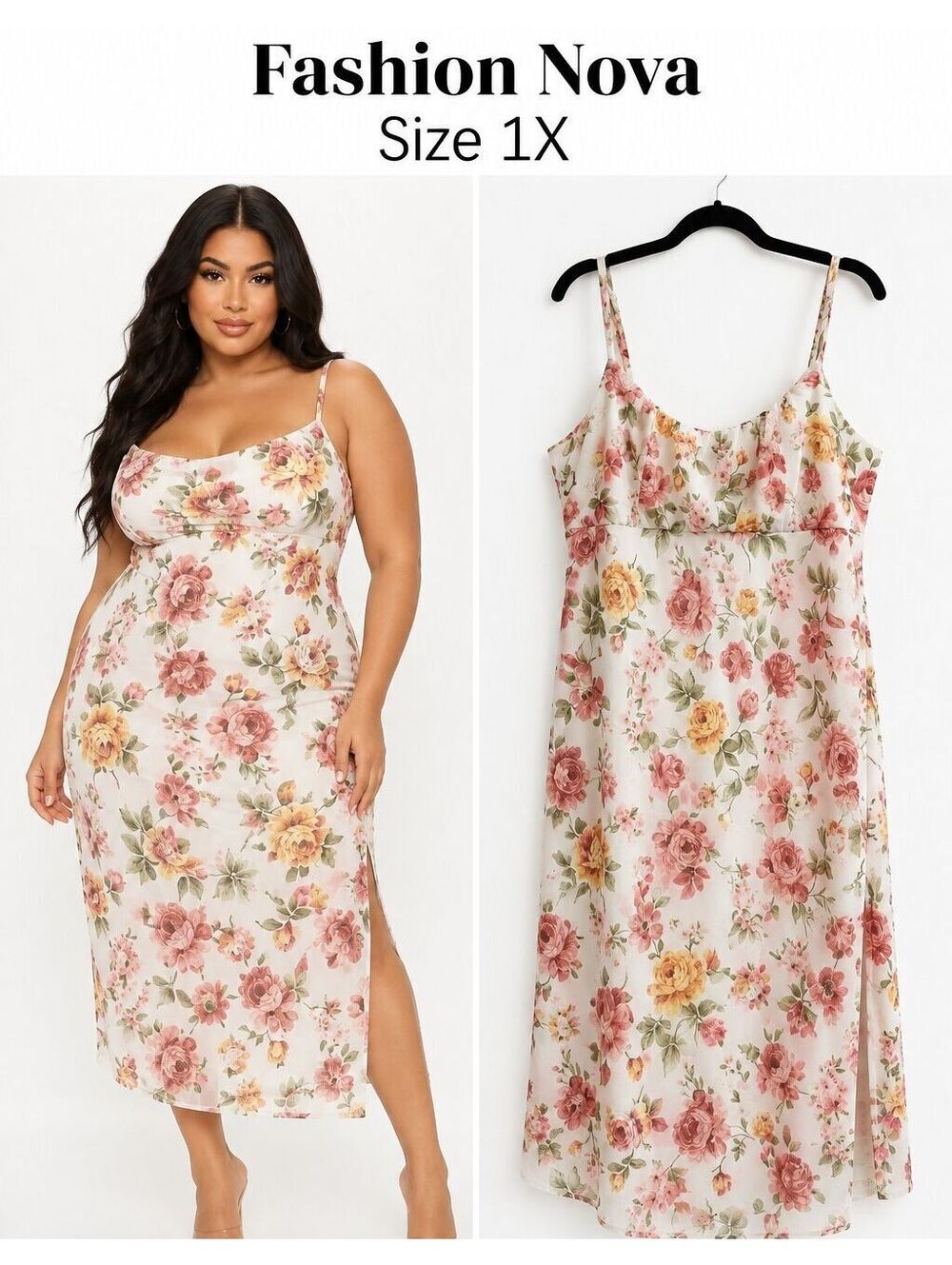 Fashion Nova 1X Ivory Pink Floral Sleeveless Dress